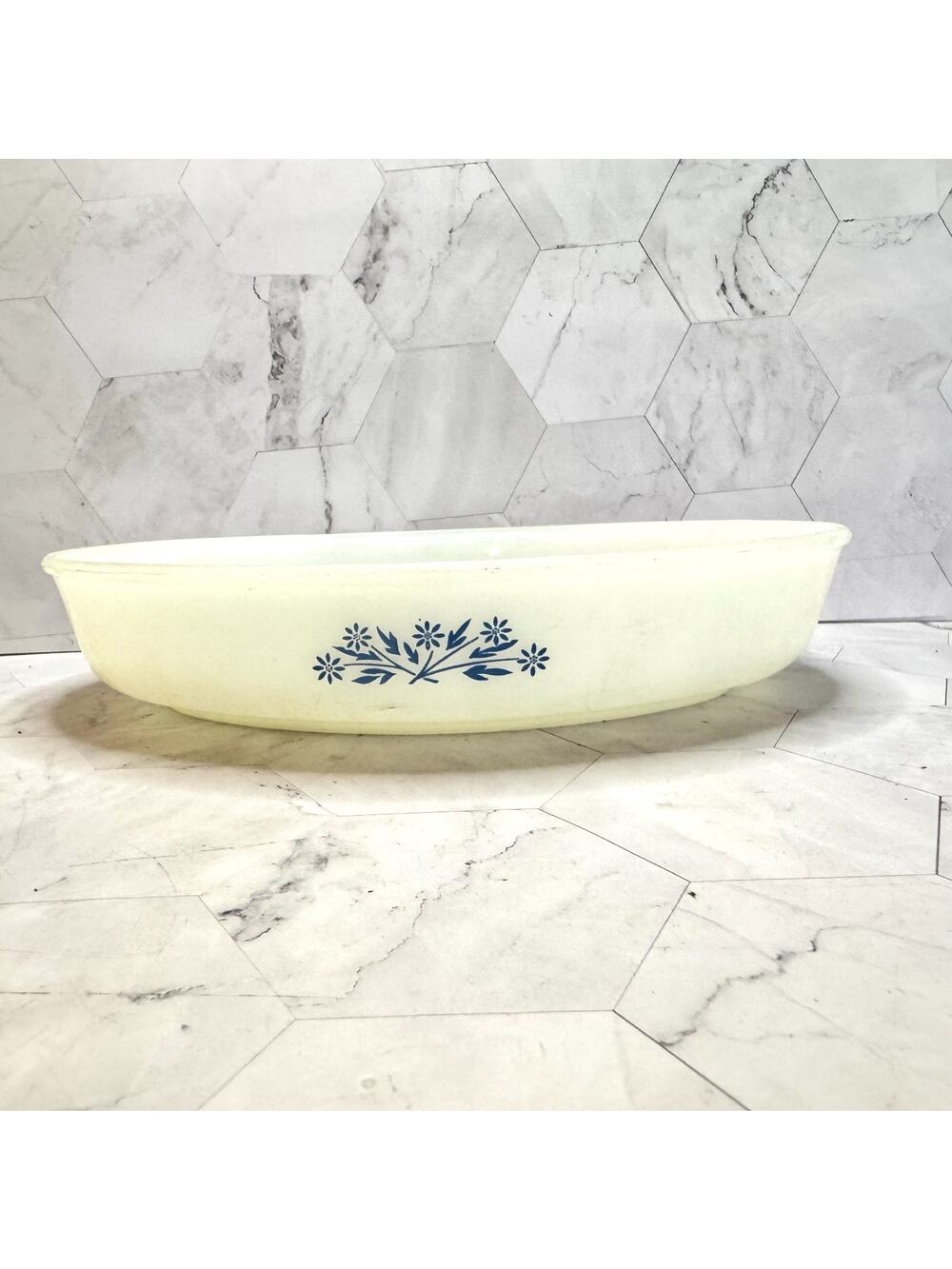 Vintage Dynaware Pyr O Rey Blue Corn Flower 10" Oval Casserole Dish MCM Retro